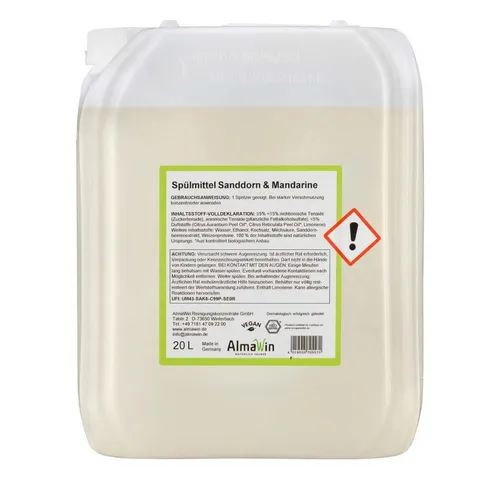 Almawin Spülmittel - Sanddorn Mandarine 20L - Effektives Geschirrspülmittel mit natürlichem Sanddorn- und Mandarinenextrakt. Umweltfreundlich und biologisch abbaubar, ideal für den täglichen Einsatz in der Küche.