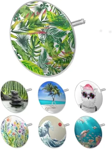 arteneur® - Badewannenstöpsel Universal mit Motiv Dschungel Blätter | Dreifach Dichtung | Verstellbar | Rostfrei | Extra Schwer für stabilen Halt | Stöpsel Badewanne Zubehör