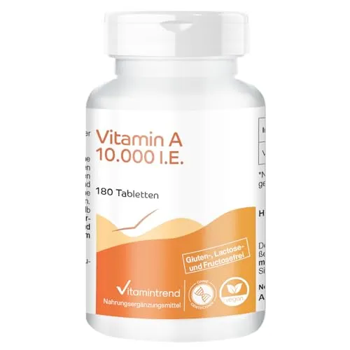Vitamintrend Vitamin A 10.000 I.E., 180 Tabletten, schluckfreundlich, Retinylacetat, Nahrungsergänzungsmittel vegan ohne Magnesiumstearat, in Deutschland hergestellt