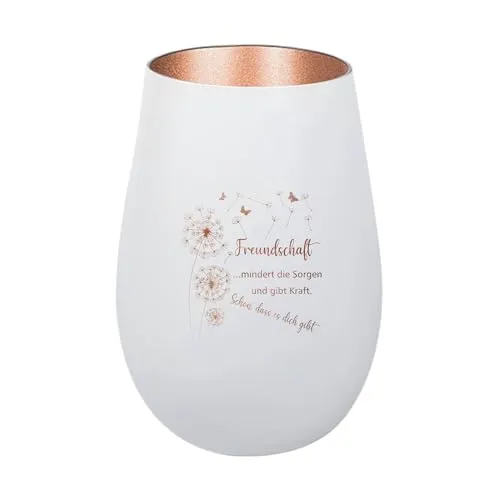 Der-Porzellan-Laden Windlicht mit Gravur Freundschaft mindert die Sorgen, Weiß Bronze, Teelichthalter aus Glas mit Spruch, Tischdeko modern