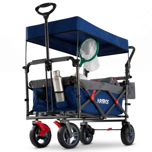 Arebos Bollerwagen Premium faltbar | Dach | Handwagen | Faltwagen | Blau | Transportwagen | klappbar | bis 100 kg Tragkraft | Vorder- und Hinter-Bremse