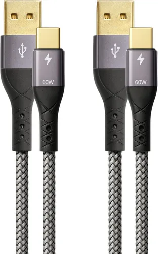ProfiPatch USB A auf USB C Kabel 60W QC 3A Set 2x1m grau Goldkontakt Textil USB Datenkabel, Schnellladekabel für Notebooks, Laptops und Handys