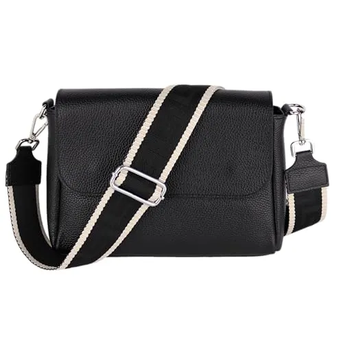 MIRROSI Umhängetasche Damen, Crossbody Bag, Echtleder Made in Italy (1 Tasche 2 Gurte oder Basic Version 1 Tasche 1 Gurt), 27x20x7cm (BXHXT) Mittelgroß (Upgrade Version (mit 2 Gurte): Schwarz Uni)