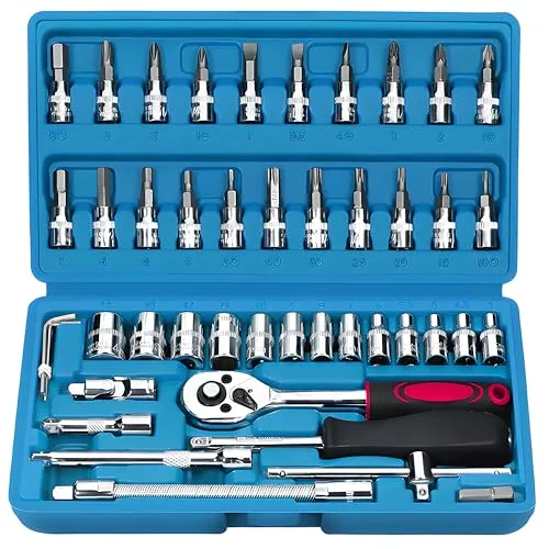 Retoo Steckschlüsselsatz Satz Steckschlüssel, 46 teilig Mechanik Werkzeugsatz, Nüsse, Größen, Nuss Set Ratschenkasten Knarrenkasten und Bitsatz für die Reparatur zu Hause und DIY, Universal, Blau