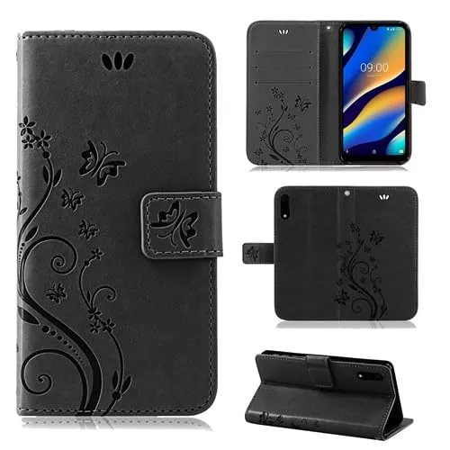 betterfon Hülle Kompatibel mit Wiko View 3 Lite | Premium PU Leder Handyhülle Wallet Case | Schutzhülle Blumen Klapphülle Handyhülle | Schwarz