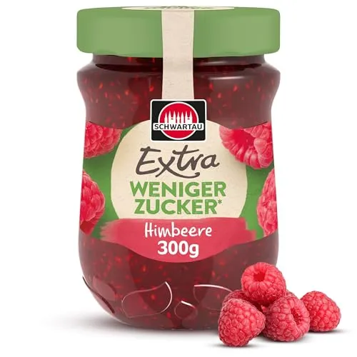 Schwartau Extra Weniger Zucker Himbeere 300g - Zuckerreduzierter Fruchtaufstrich mit intensivem Himbeergeschmack. 30% weniger Zucker und ohne Zusatzstoffe für einen unvergesslichen Genuss am Frühstückstisch!