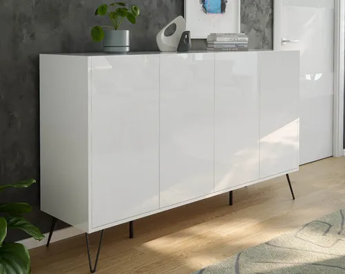 Posseik Waschtisch-Set Sideboard FAVIER 155 x 94cm, Weiß-Hochglanz, 4 Türen - Elegantes Sideboard FAVIER in Weiß Hochglanz mit 4 Türen und Push-to-Open-Funktion. Ideal für modernen Wohnraum, bietet viel Stauraum und setzt stilvolle Akzente im Industrial-Design.