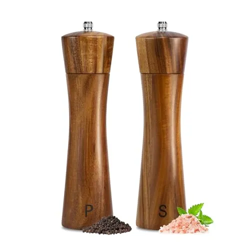 Salz und Pfeffermühle Holz Set 20,3 cm Manuelle Pfeffer und Salzmühle 2er Set aus Akazienholz Gewürzmühlen mit Keramikmahlwerk in Geschenkbox