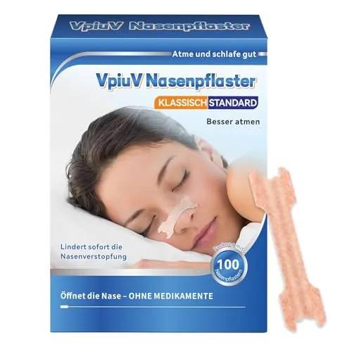VpiuV Nasenpflaster – 100 Stück Premium Nasal Strips gegen Schnarchen & verstopfte Nase – Extra starker Halt für Sport – Besser Atmen & Schlafqualität verbessern – 66 * 19mm