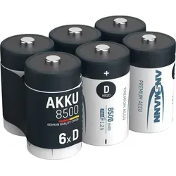 ANSMANN AG Akku D 8500mAh Mono NiMH 1,2V – 1000x wiederaufladbar (6 Stück) - Kamera-Akkus mit geringer Selbstentladung und hoher Kapazität für langlebigen Einsatz in Geräten wie Digitalkameras und Taschenlampen. Schnelladefähig und umweltfreundlich – ersetzt bis zu 1000 Einwegbatterien.