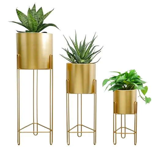 TRIROCKS 3er-Set Pflanzgefäße mit Ständer Moderne Blumentöpfe für Zimmerpflanzen 73 & 55 & 30 cm Hoch Outdoor für Wohnzimmer Küche Büro Garten Balkon Terrasse Dekoration (Gold)