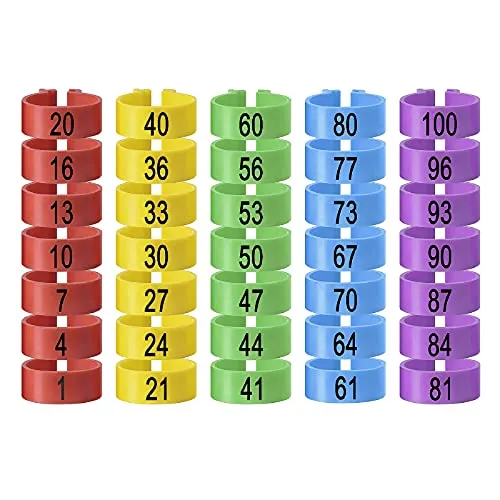 Pack Hühnchen Identifikation Beine Ringe, Chicken Tags für Legs Geflügel Bands Clip On Leg Rings für Hühner, Enten, Hühnchen, Goose(5 Farben,20mm) 100