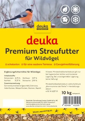 deuka Premium Streufutter | 10 kg | Schalenloses Wildvogelfutter für die Ganzjahresfütterung | Körnermix mit geschälten Sonnenblumenkernen & Erdnüssen | sauberes Ergänzungsfutter für Gartenvögel