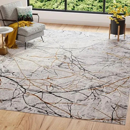 TAPISO Golden Teppich Wohnzimmer Kurzflor Schlafzimmer Luxuriös Grau Weiß Gold Linien Abstrakt Meliert Verwischt Modern Design ÖKOTEX 80 x 150 cm