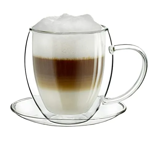 Creano Teeglas Thermo Tasse mit Untersetzer “bauchig” 400ml, einzel, Borosilikatglas, 1 Tasse mit Untertasse
