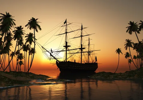 XXL Poster 100 x 70cm (S-845) Großes Segel-Schiff im Wasser umsäumt von Palmen