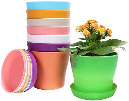 Produktbild KAHEIGN 8Pcs Blumentöpfe Kunststoff Bunt 14cm Runde Kleine Blumentöpfe, 8 Farben Mini Blumentopf Pflanztöpfe Pflanzenbehälter Innenblumentöpfe mit Palettenschalen für Büro Haus Balkon (14 x 12cm)