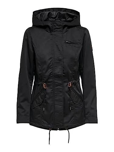 ONLY Damen Übergangs-Jacke ONLLorca Canvas Parka mit Kapuze, Schwarz, XS - Leichte Übergangsjacke mit weicher Haptik und angenehmem Tragegefühl. Ideal für wechselhaftes Wetter, ausgestattet mit Kapuze und Tunnelzug an der Taille für eine individuelle Passform.