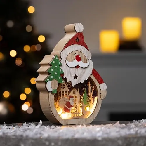mucHome LED Holzdeko Schneemann & Weihnachtsmann mit 5 warmweiße LEDs Beleuchtung Weihnachtsdekoration Weihnachten Winter Deko Tischdeko Fenster Holz mit Beleuchtung (Weihnachtsmann)