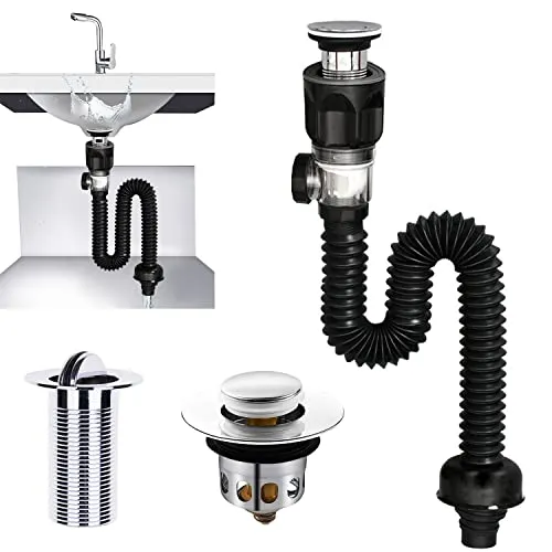 Siphon mit Ablaufgarnitur, Waschbecken Stöpsel Verschluss, Syphon Badezimmer Waschbecken, Raumsparsiphon Küchenspüle, 300-955mm Erweitert Werden Können