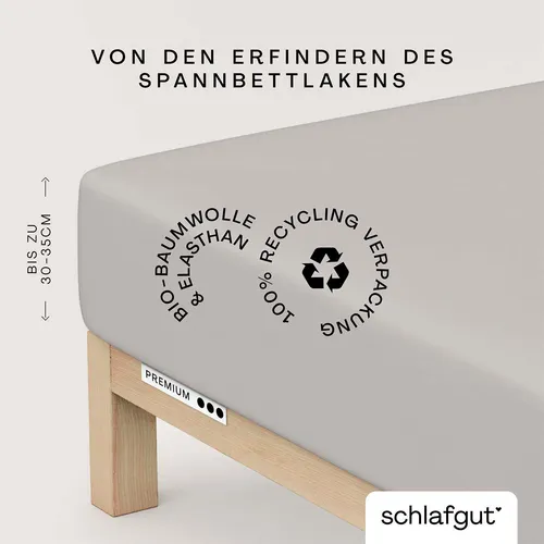 Schlafgut Spannbettlaken Premium – Gummizug für perfekten Halt - Bettlaken aus hochwertigem Mako-Zwirn-Jersey, ideal für Matratzen von 140-160 cm x 200-220 cm, pflegeleicht und umweltfreundlich verpackt.