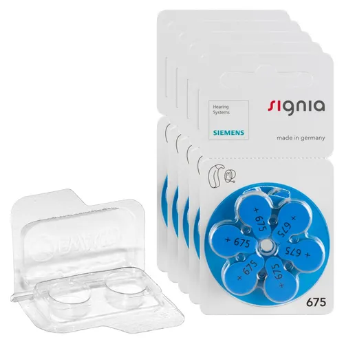 Siemens Signia Hörgerätebatterien PR44 blau 675 + Transportbox für 2 Zellen 30