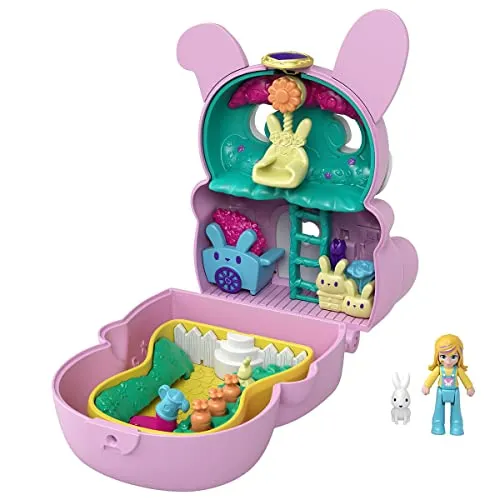 Polly Pocket GTM60 - Drehspaß-Schatulle Hase, zwei Spieloberflächen durch Umklappfunktion, Hasenfigur, Spielzeug ab 4 Jahren
