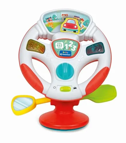 Clementoni Baby Aktivitäts-Lenkrad - Elektronisches Lernspielzeug mit Licht, Musik & Tiergeräuschen - Mit drehbarem Lenkrad, Spiegel & Schalthebel - Für Kleinkinder ab 10 Monaten - 17533