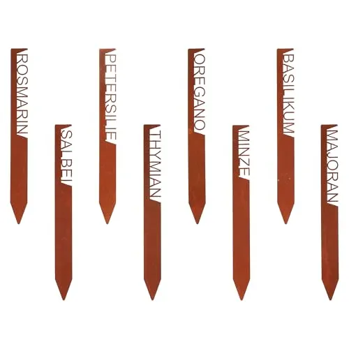 Eisen Kräuterstecker 25 cm Rost Design - 8er Set - Garten Deko Kräuterschild Edelrost Optik -Gartenschild Pflanzenstecker Rostschild Kräutergarten Beet Beschriftung Italienische Kräuter Mix