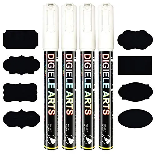 DIGIELE Kreidestift Weiß, 3mm Reversibel Stiftspitze Kreidemarker, Trocken oder Feucht Abwischbare, 4 Stück Stift mit 16 Tafelaufkleber, Flüssigkreide für Tafelfolie, Tafel, Fenster, Glas