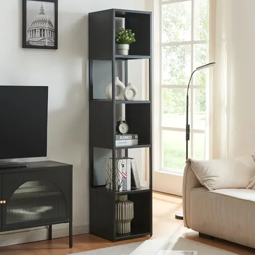 [en.casa] Standregal Finspång - Elegantes Bücherregal in Schwarz - Bücherregal, 185x38x38 cm, mit fünf geräumigen Ablageflächen für Bücher und Deko, ideal für Wohnzimmer, Büro oder Flur, pflegeleichte Oberfläche für einfache Reinigung.