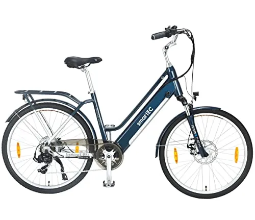 smartEC E-Bike Trekkingrad Trek-26D - 26 Zoll, 7 Gang Shimano - E-Bike für Alltag und Freizeit, bis zu 90 km Reichweite mit Anfahrhilfe und 25 km/h Unterstützung, ausgestattet mit Scheibenbremsen und ergonomischem Design.