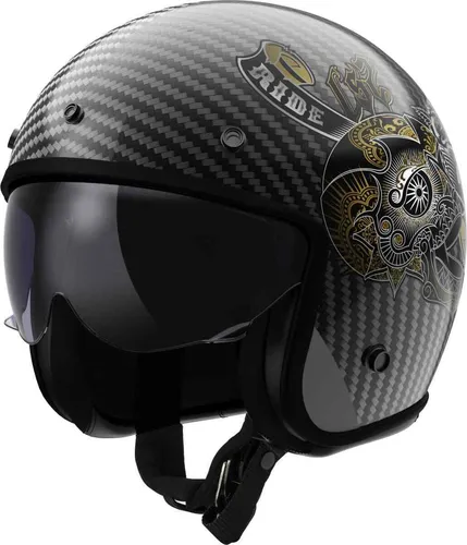 LS2 OF601 Bob II Carbon Custom Jethelm, Größe L für Männer - Motorradhelm mit integriertem Sonnenvisier, kratzfestem Visier und atmungsaktivem Innenfutter – ideal für stilbewusste Fahrer.