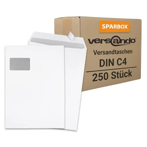 versando 250x Versandtaschen C4 mit Fenster Haftklebend 229 x 324 mm weiß: Briefumschläge für Büro, wichtige Unterlagen, blickdicht, einfach verschließbar (1 Karton)