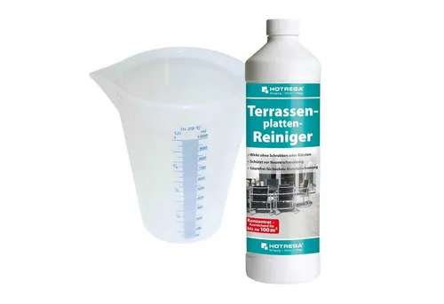 HOTREGA® Terrassenplatten Reiniger 1L – Effektiver Universalreiniger für Terrasse und Balkon - Kraftvoller Reiniger auf Aktivchlorbasis zur mühelosen Reinigung von Terrassenplatten. Entfernt dunkle Ablagerungen schnell und ohne Scheuern. Ideal für Außenbereiche mit Natur- und Betonwerkstein.