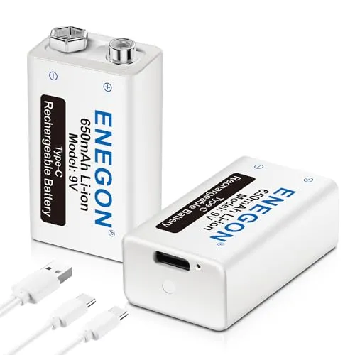 ENEGON 9V Block 650mAh Li-ion 6F22 Wiederaufladbare Batterie mit 2-in-1-USB-C-Kabel Ladegerät für Mikrofon, Rauchmelder, elektronisches Spielzeug, Walkie-Talkie und andere Geräte (2 Stück)
