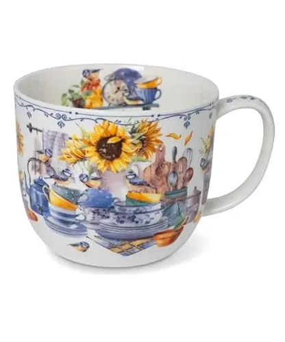 Kaffeebecher Country Kitchen, 700 ml, Kaffeetasse Tassen Teetassen Kaffeepott Henkelbecher, Sonnenblumen, Meise