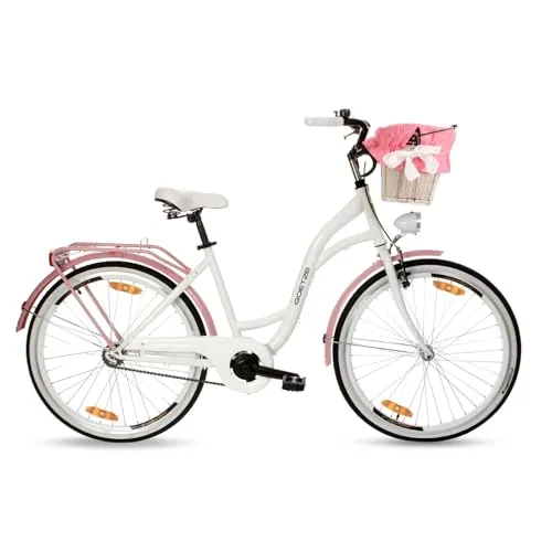 Goetze Style 26 Zoll Damen Citybike, 17 Zoll Tiefeinsteiger Rahmen, 1-Gang Rücktrittbremse, V-Bremse vorne, LED-Beleuchtung, Gepäckträger, Rattankorb, Komfortsattel, mit Ständer & Klingel