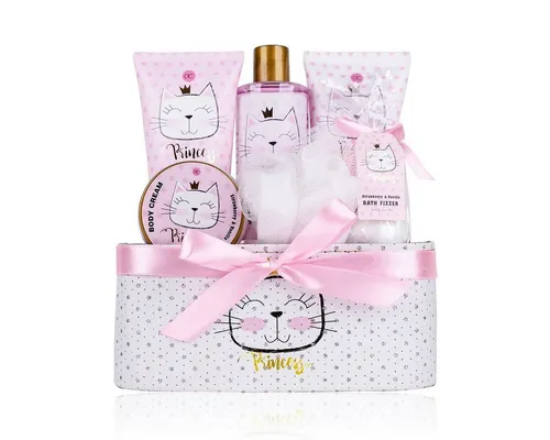 Accentra Geschenkset Princess Kitty – 7-teiliges Duschset für Mädchen & Frauen - Körperpflegeset in süßer Geschenkbox mit Erdbeer- und Vanilleduft. Ideal für Katzen-Liebhaberinnen – perfekt zum Verwöhnen und Entspannen!