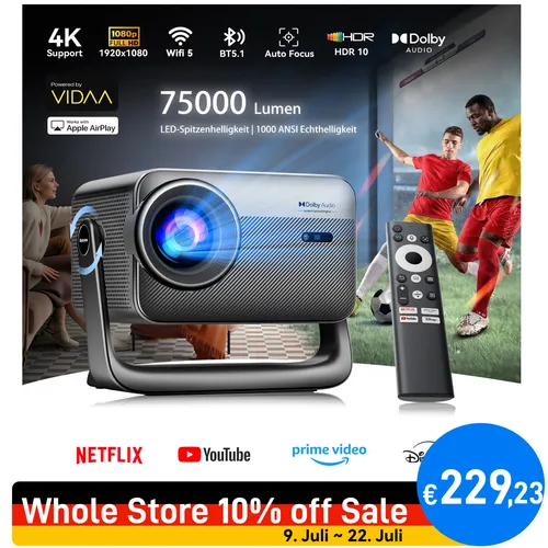 PV1000 Max Smart Projektor – 75000 Lumen, WiFi 6, Dolby Audio