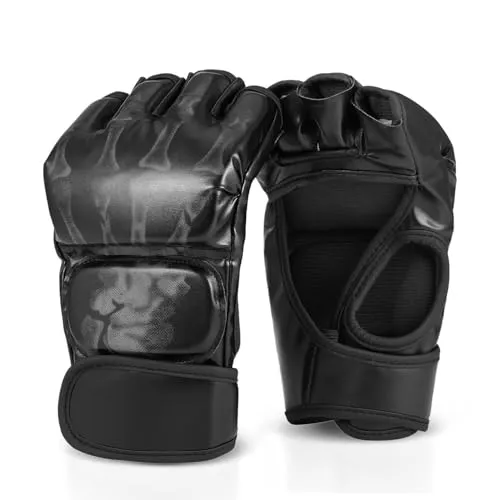 Flexzion MMA-Handschuhe- 8oz Grappling Muay Thai Martial Arts Kampf UFC Sparring Schlagen Boxen PU-Leder-Trainingshandschuhe mit Klettverschluss, EIN Paar für Erwachsene Männer, Schwarz
