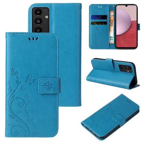 Handy Tasche für Samsung Galaxy A14 & A14 5G Handyhülle Blumen Buch Cover Blau