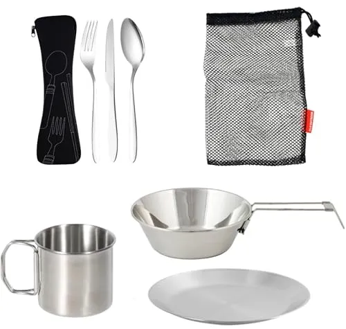REFORUNG Camping-Besteck-Set 8-Teiliges Camping Geschirr Edelstahl 1 person Camping Picknick Teller Edelstahl Reisebesteck Set inklusive Teller, Tasse, Schüssel, Besteck mit Netzbeutel für Camping