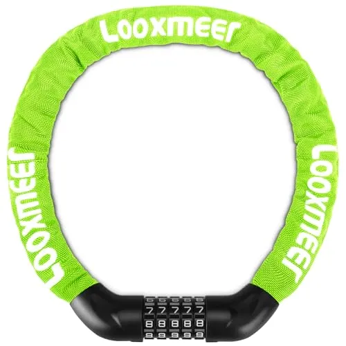 Looxmeer Fahrradschloss 11 Farben Zahlenschloss 90cm und Hoher Sicherheitsstufe, Fahrrad Kettenschloss Zahlen Code Kombination Schloss mit Stahlkettenglieder und 5-stelligem Zahlencode, Neon Grün