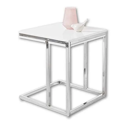 Stella Trading Mini Moderner Beistelltisch weiß Hochglanz mit verchromtem Metall Gestell - stylisher Couchtisch für Ihren Wohnbereich - 45 x 50 x 45 cm (B/H/T)