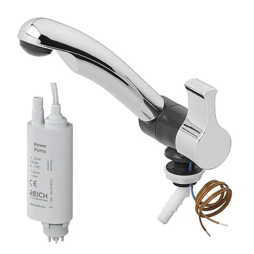 Kalt-Wasserhahn Style 2005 12V Ø20 mm – Schwenkbar, Chrom/Schwarz, für Wohnmobil & Caravan inkl. Tauchpumpe 0,5 bar