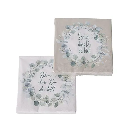 Servietten 'Eukalyptus - Schön, dass Du da bist!' weiß, hellbraun, grün - 3-lagig 33 x 33 cm 2 x 20