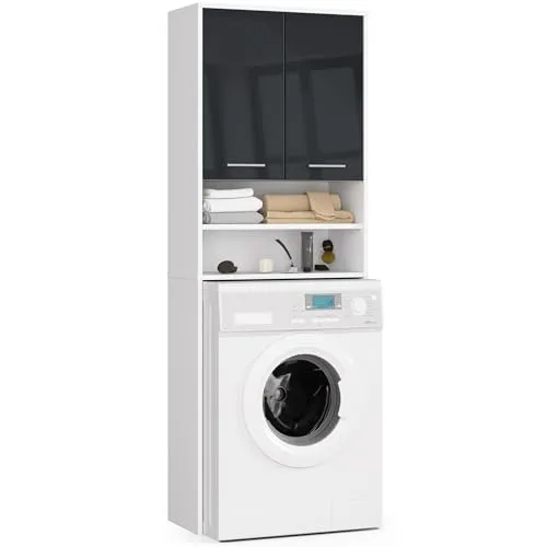 3E 3xE living.com Badezimmerschrank über der Waschmaschine: Zwei Türen, Farbe: weiß | glänzendes Graphit, Maße des Möbels: B: 64 cm, H: 180 cm, T: 30 cm.