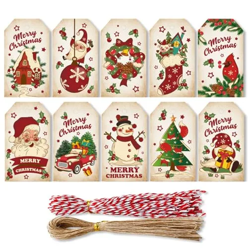 Vordpe 100 Stück Weihnachten Geschenkanhänger, Weihnachten Anhänger Kraftpapier Geschenk Geschenkanhänger,mit 100 Stück Bindfaden,für Weihnachten Dekoration Geschenkverpackung (E)