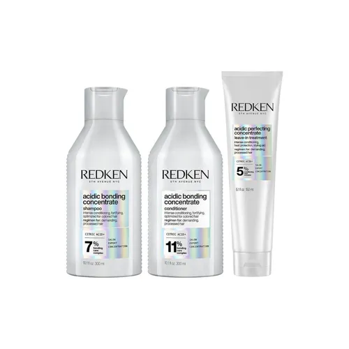 Redken Haarpflege-Set Acidic Bonding Concentrate, 3-teiliges Bundle mit Shampoo, Conditioner & Maske - 3-teiliges Haarpflege-Set für coloriertes und strapaziertes Haar. Enthält ein Shampoo, einen Conditioner und ein Leave-In Treatment für intensive Pflege und Schutz.